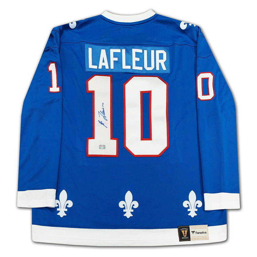 GUY LAFLEUR AUTOGRAPHED QUEBEC NORDIQUES BLUE JERSEY – SIGNED NHL HOCKEY MEMORABILIA COLLECTIBLE (SIZE L OR XL)