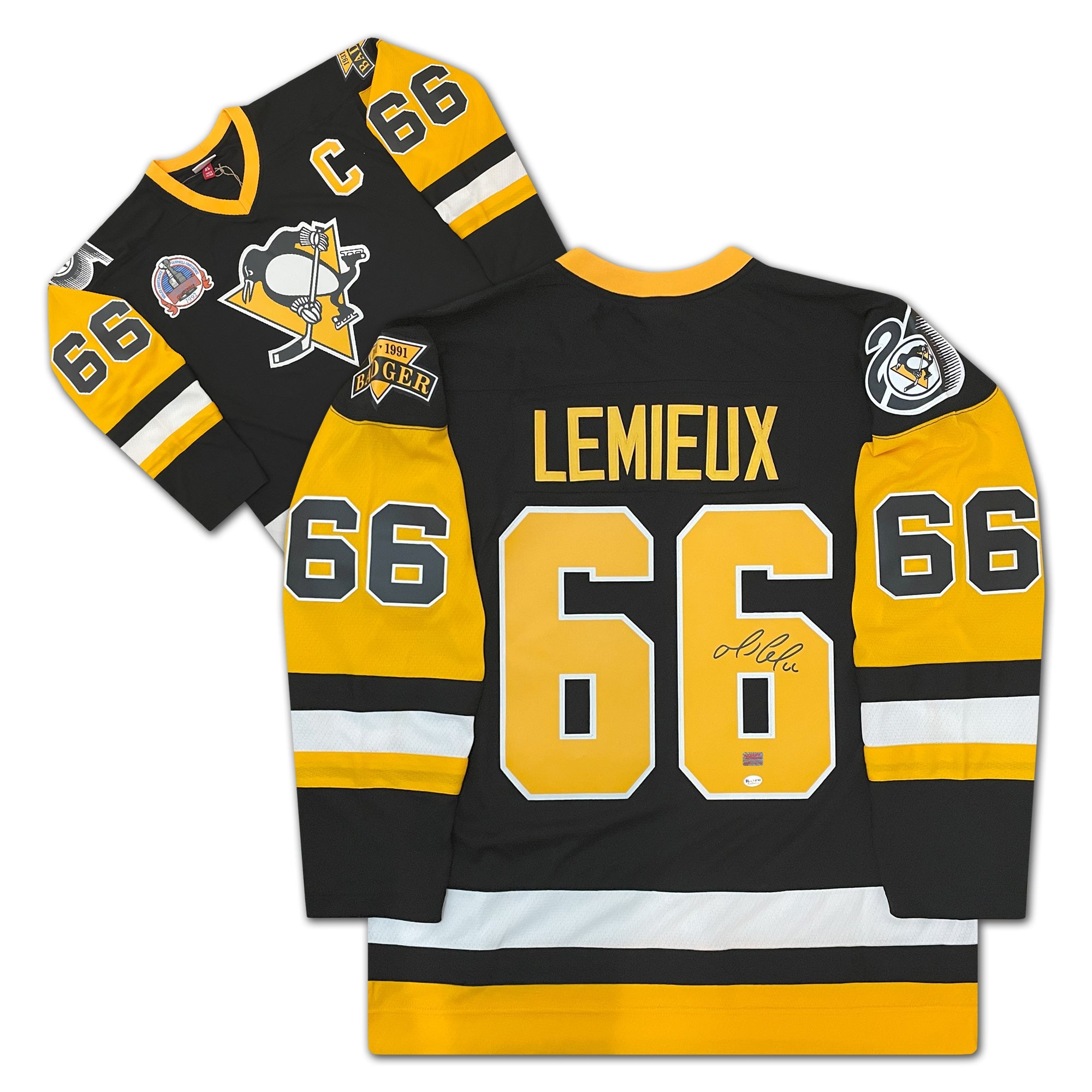 MARIO LEMIEUX AUTOGRAPHED PITTSBURGH PENGUINS BLACK MITCHELL & NESS JERSEY – SIGNED NHL HOCKEY COLLECTIBLE (SIZE L OR XL)