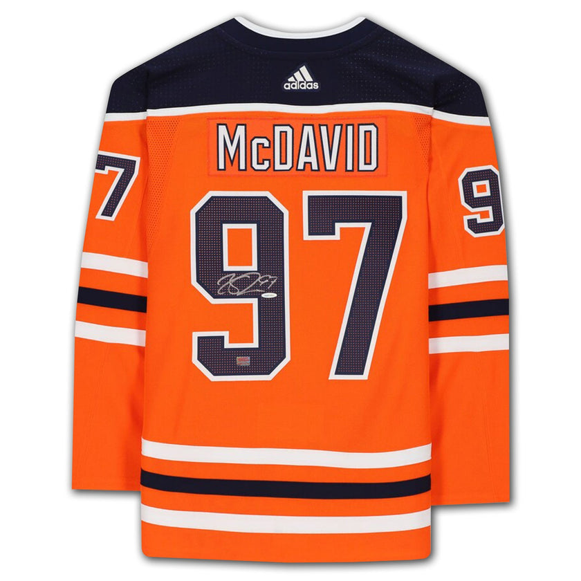 CONNOR MCDAVID AUTOGRAPHED EDMONTON OILERS ORANGE JERSEY - SIGNED NHL HOCKEY MEMORABILIA COLLECTIBLE WITH COA (SIZE L OR XL) - UPPER DECK AUTHENTICATED UDA COA