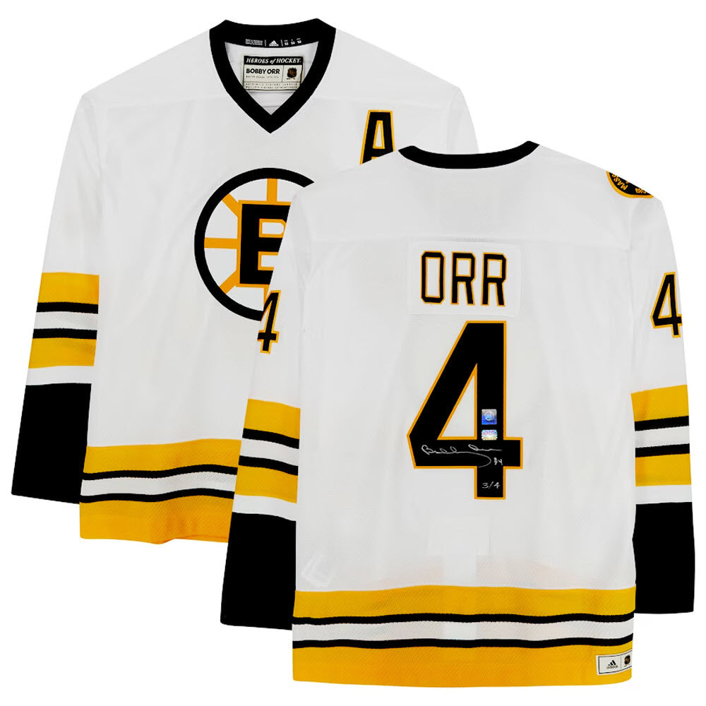 BOBBY ORR AUTOGRAPHED BOSTON BRUINS WHITE JERSEY – LIMITED EDITION #3/4 – GNR COA (SIZE L OR XL)