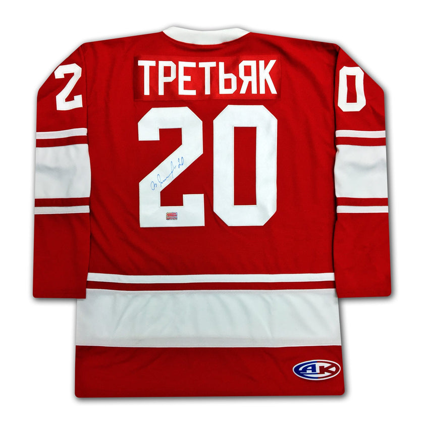 VLADISLAV TRETIAK AUTOGRAPHED RUSSIAN CCCP RED JERSEY – SIGNED SOVIET HOCKEY COLLECTIBLE MEMORABILIA (SIZE L OR XL)