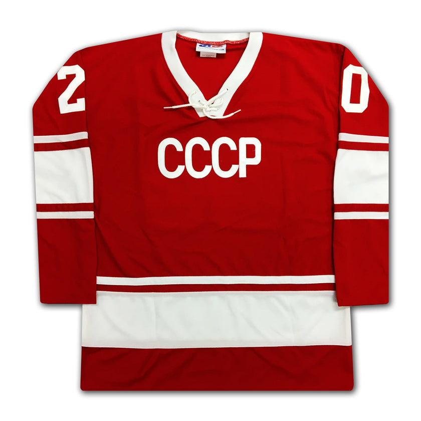 VLADISLAV TRETIAK AUTOGRAPHED RUSSIAN CCCP RED JERSEY – SIGNED SOVIET HOCKEY COLLECTIBLE MEMORABILIA (SIZE L OR XL)