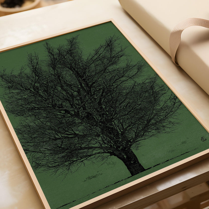 Joichi Hoshi Tree Art Print: Vintage Japanese Woodblock, Green & Black