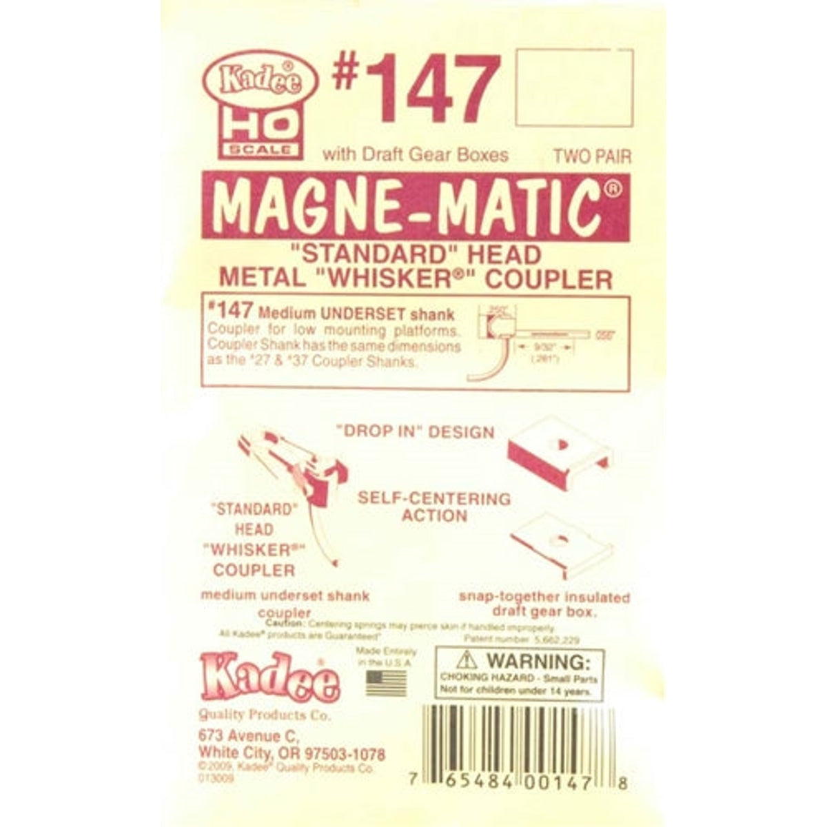 Kadee #147 HO Magne-Matic Standard Head Self-Centering Metal Whisker Coupler Medium 9/32