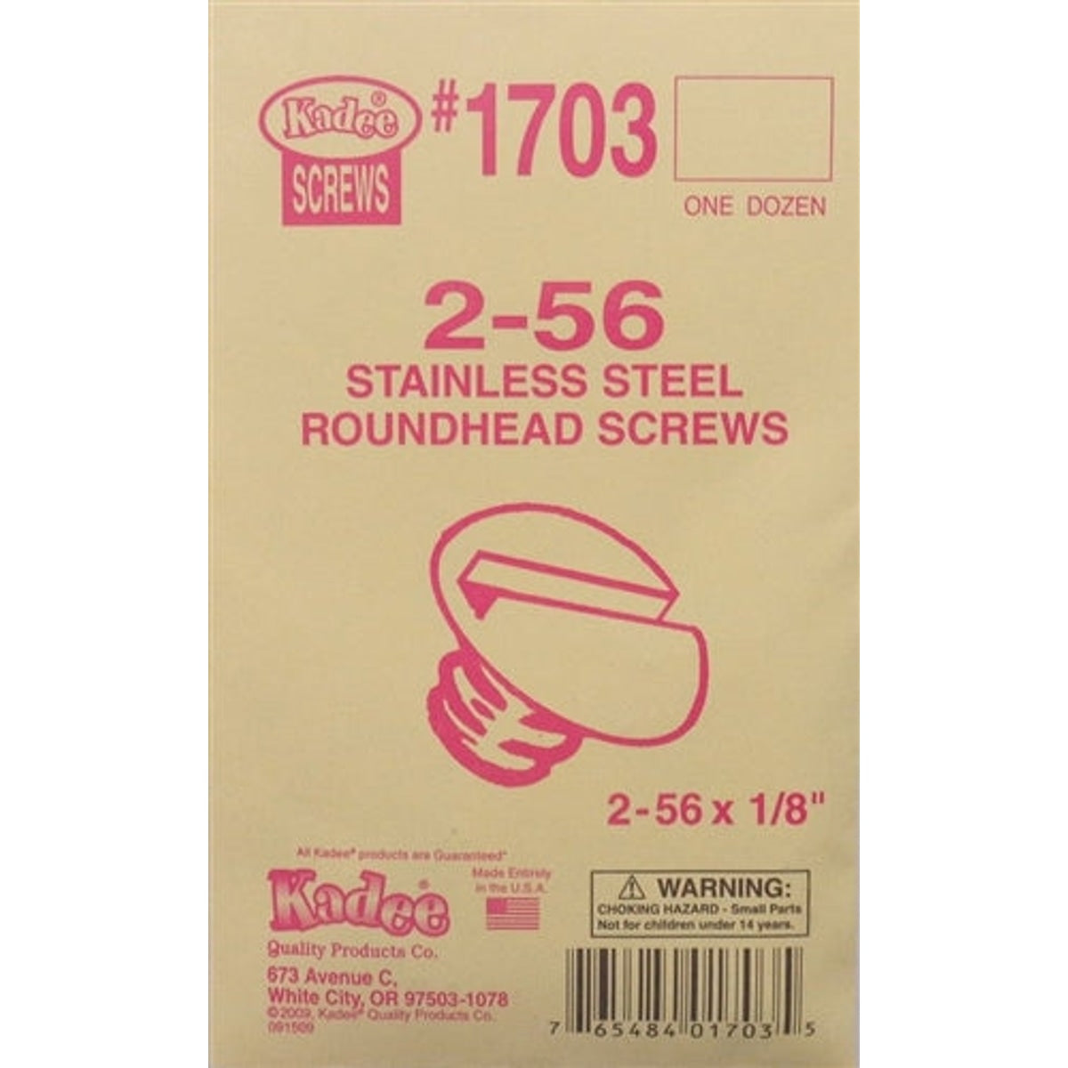 Kadee #1703 2-56 Stainless Steel Screws 2-56 x 1/8