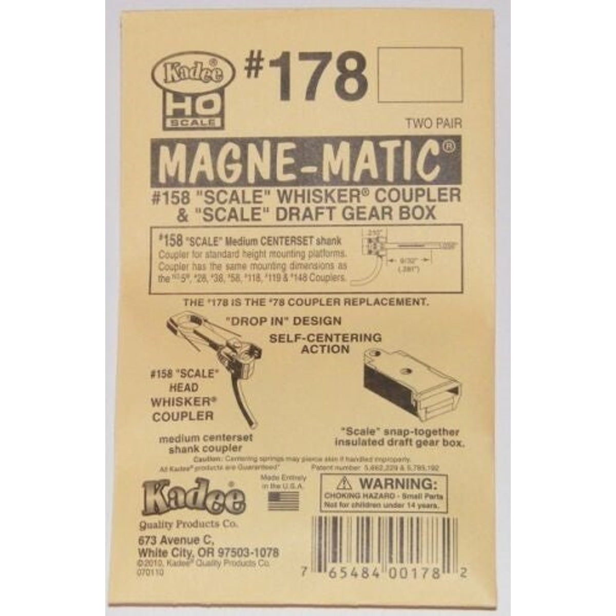Kadee #178 HO Magne-Matic Whisker Scale Metal Knuckle Coupler Medium 9/32