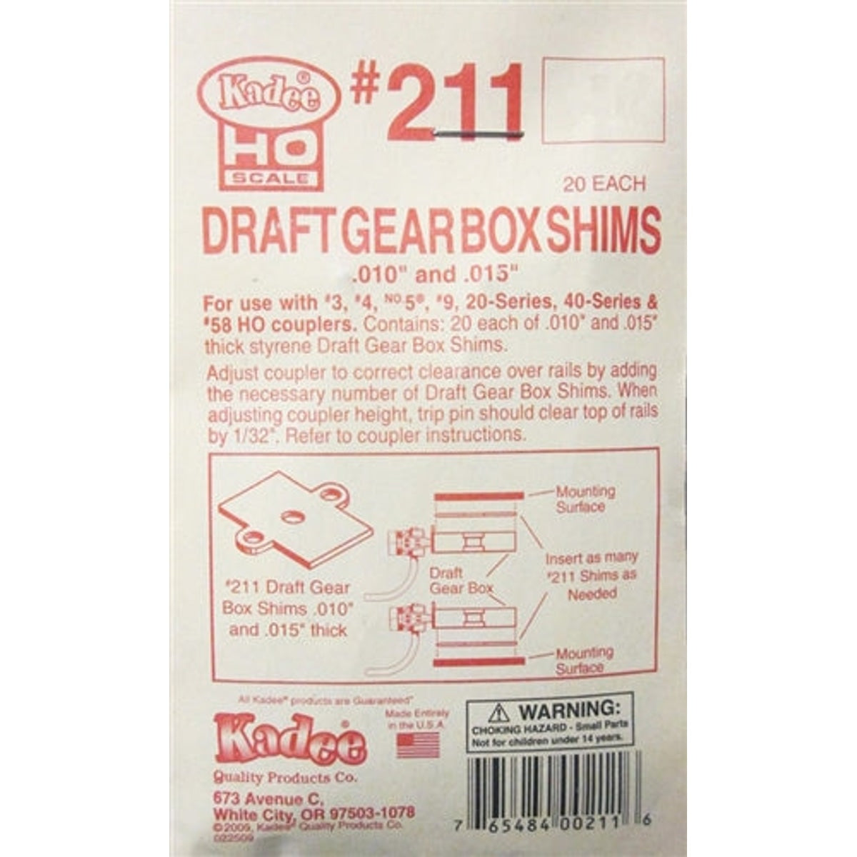 Kadee #211 HO Styrene Draft Gearbox Shims .010 & .015