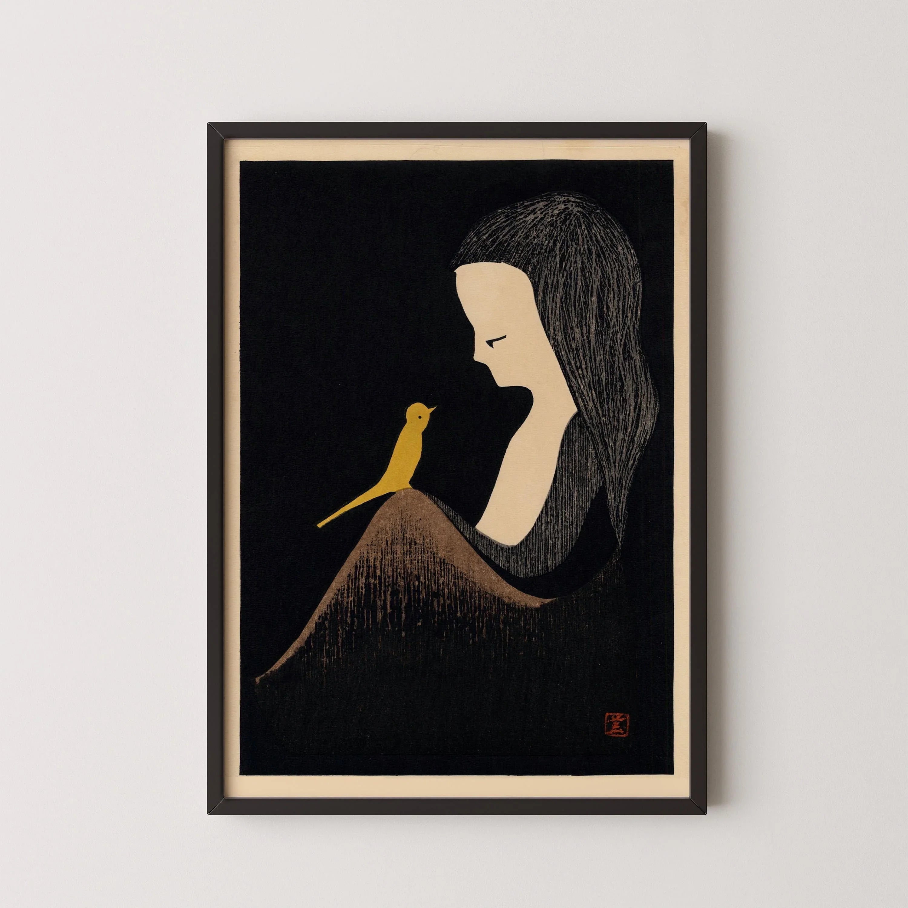 Kaoru Kawano Japanese Woodblock Print: Girl with Yellow Bird, Giclee Art