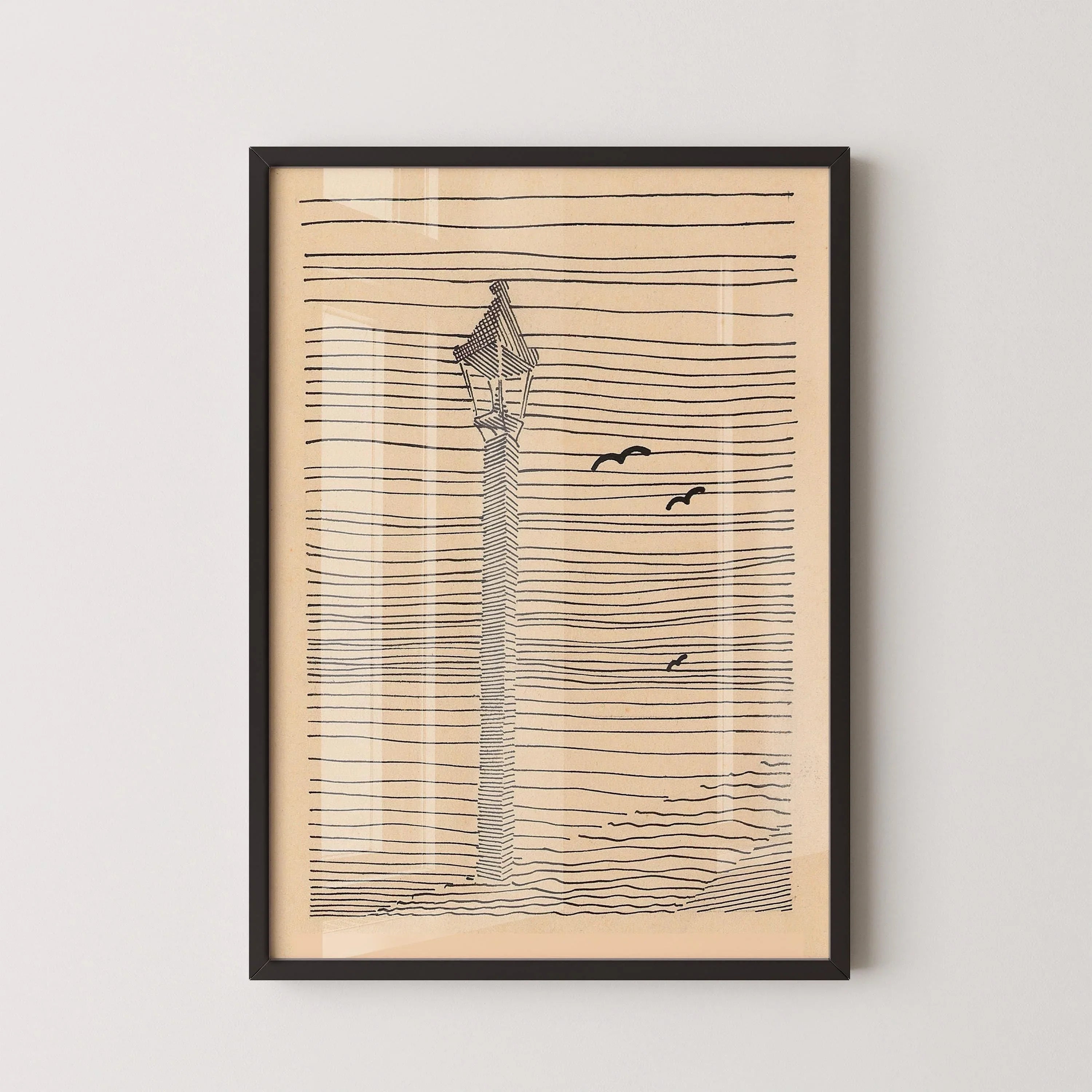 Karl Wiener - Lantern and Three Birds | Minimalist Beige Sketch Art (available handframed or unframed)