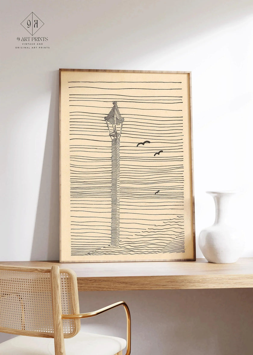 Karl Wiener - Lantern and Three Birds | Minimalist Beige Sketch Art (available handframed or unframed)