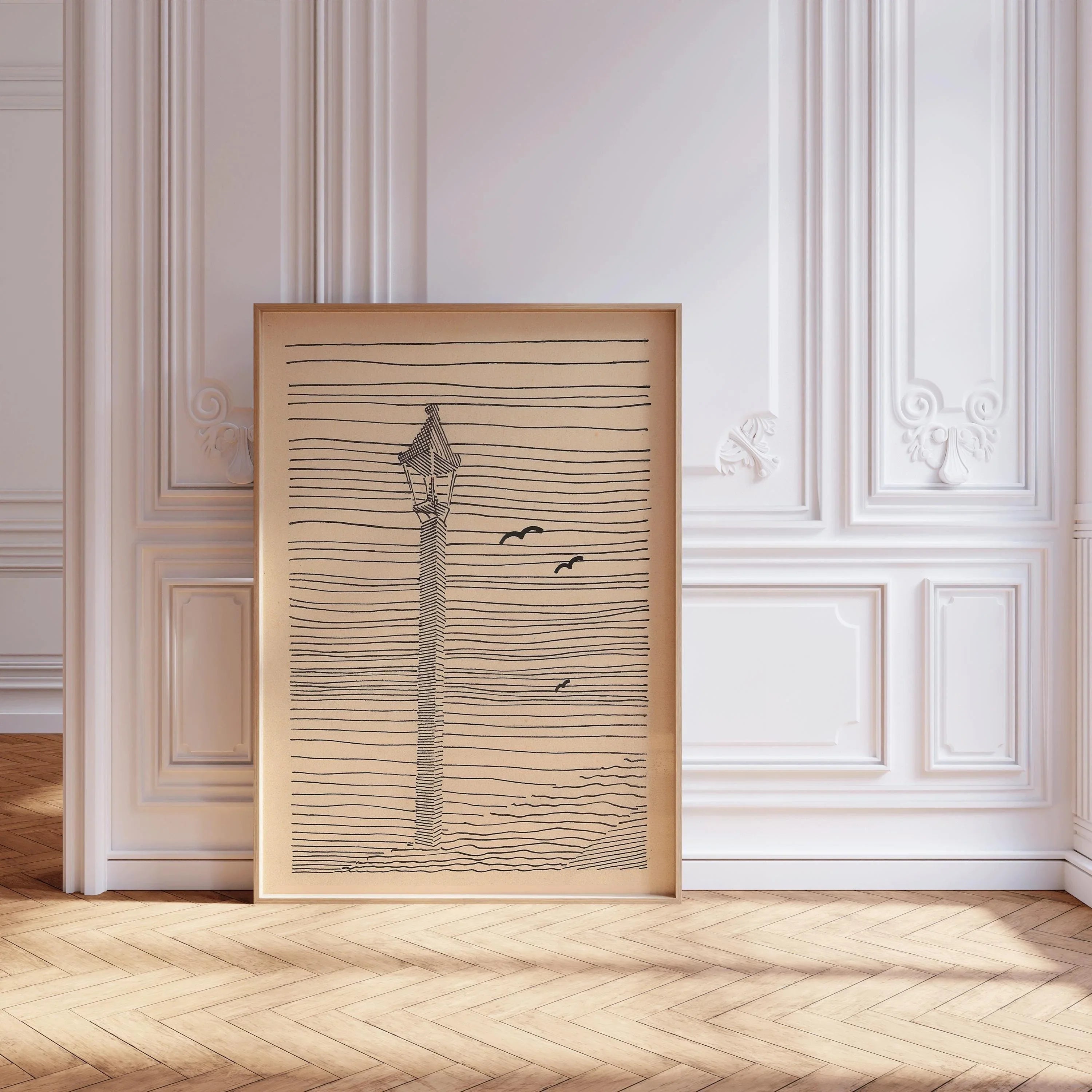 Karl Wiener - Lantern and Three Birds | Minimalist Beige Sketch Art (available handframed or unframed)