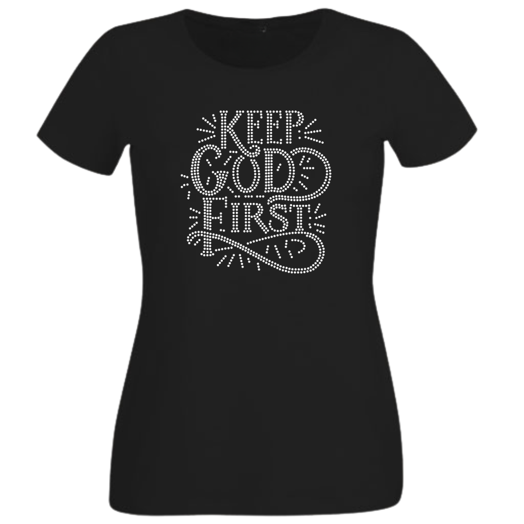 Keep God First Rhinestone Shirt – Christian Faith Sparkle Bling Tee | Blingdazzel