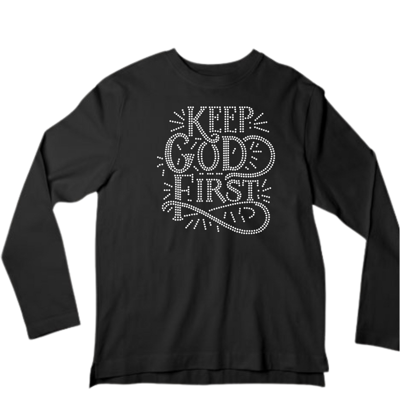Keep God First Rhinestone Shirt – Christian Faith Sparkle Bling Tee | Blingdazzel