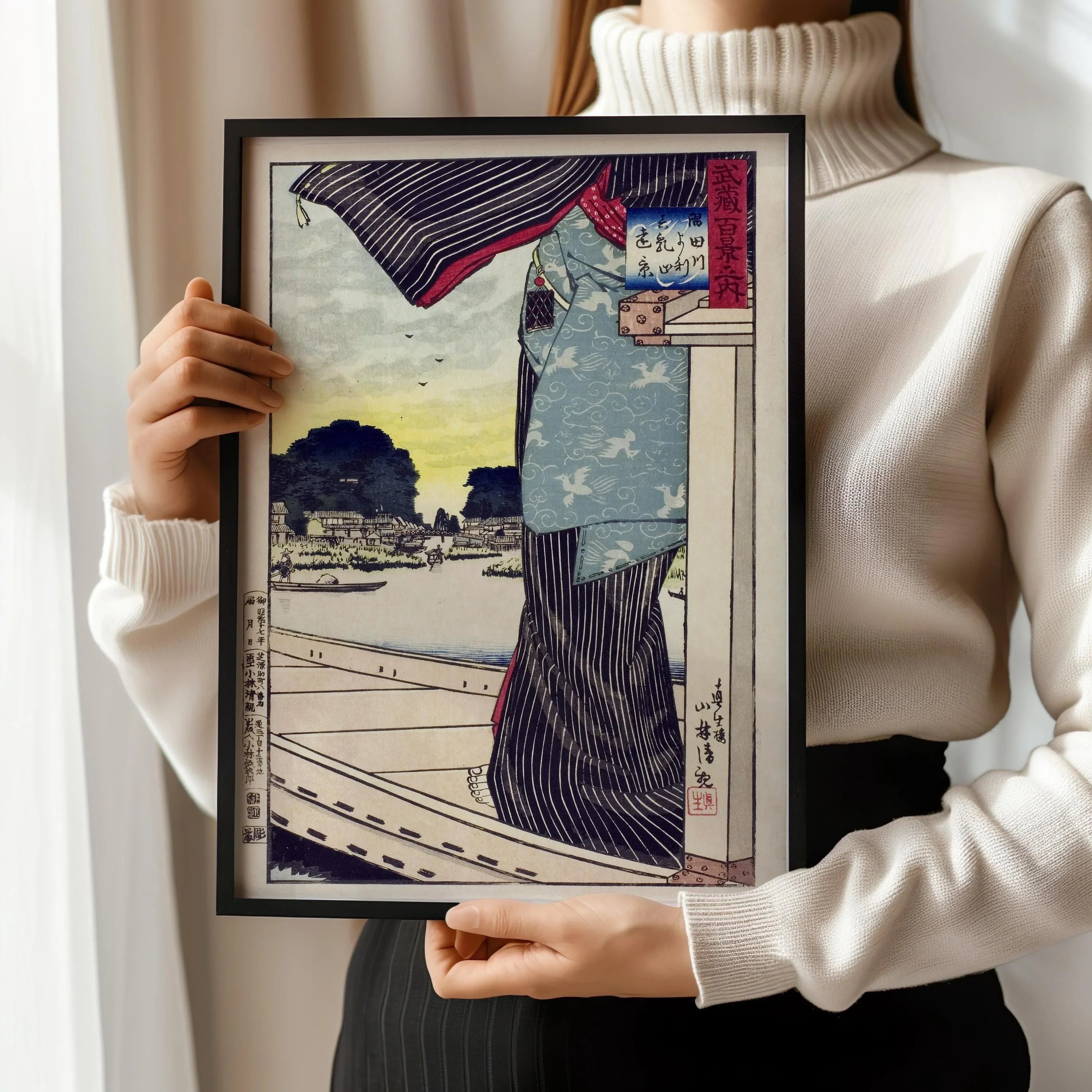 Kiyochika Japanese Woodblock Print: Sumida River Vintage Art