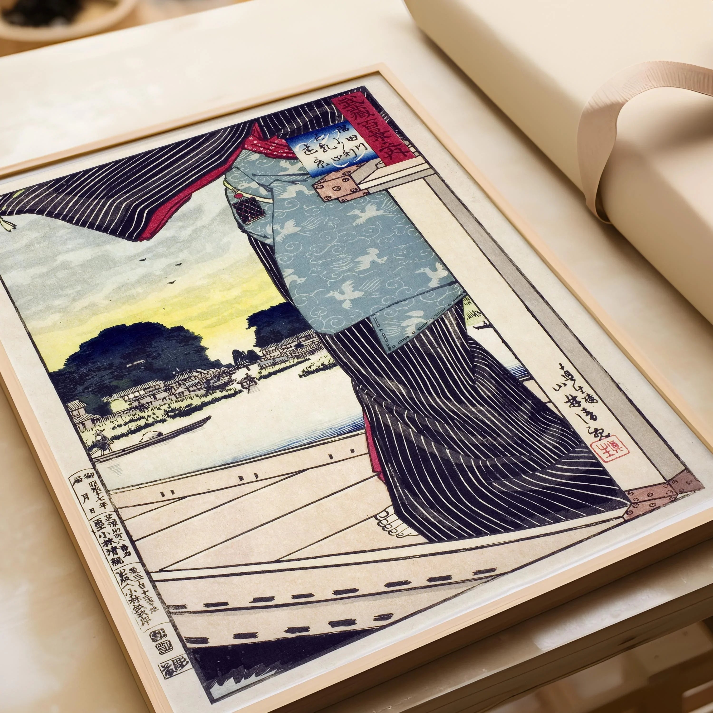 Kiyochika Japanese Woodblock Print: Sumida River Vintage Art
