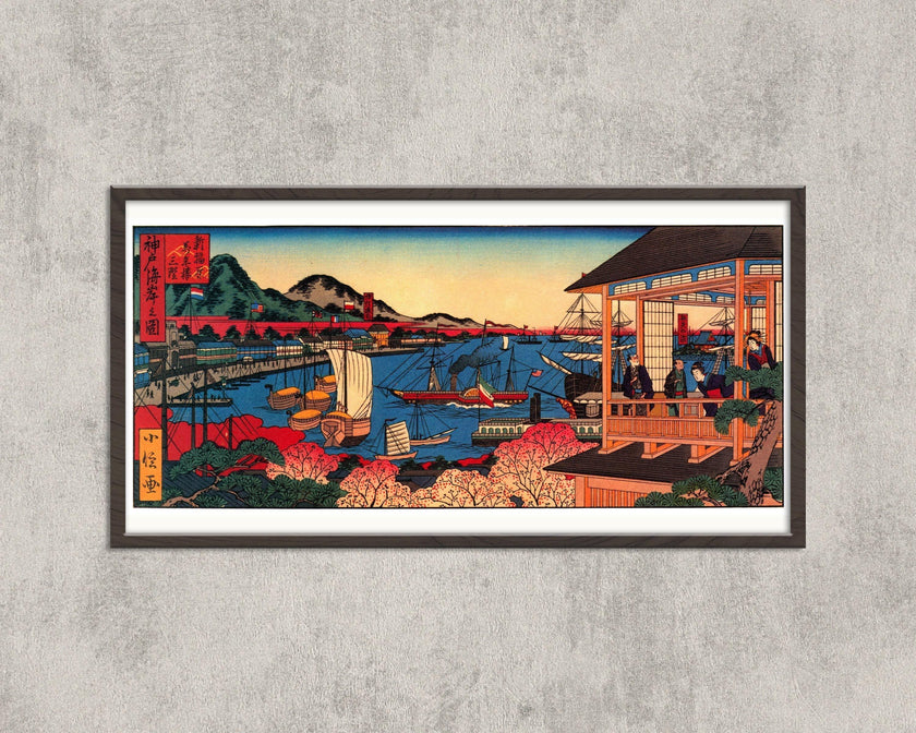 Kobe Coast Japanese Art Print: Vintage Panoramic Seascape (Handframed Option) (2x1)
