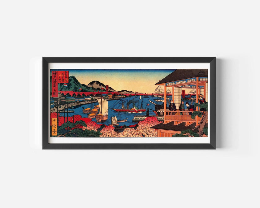 Kobe Coast Japanese Art Print: Vintage Panoramic Seascape (Handframed Option) (2x1)