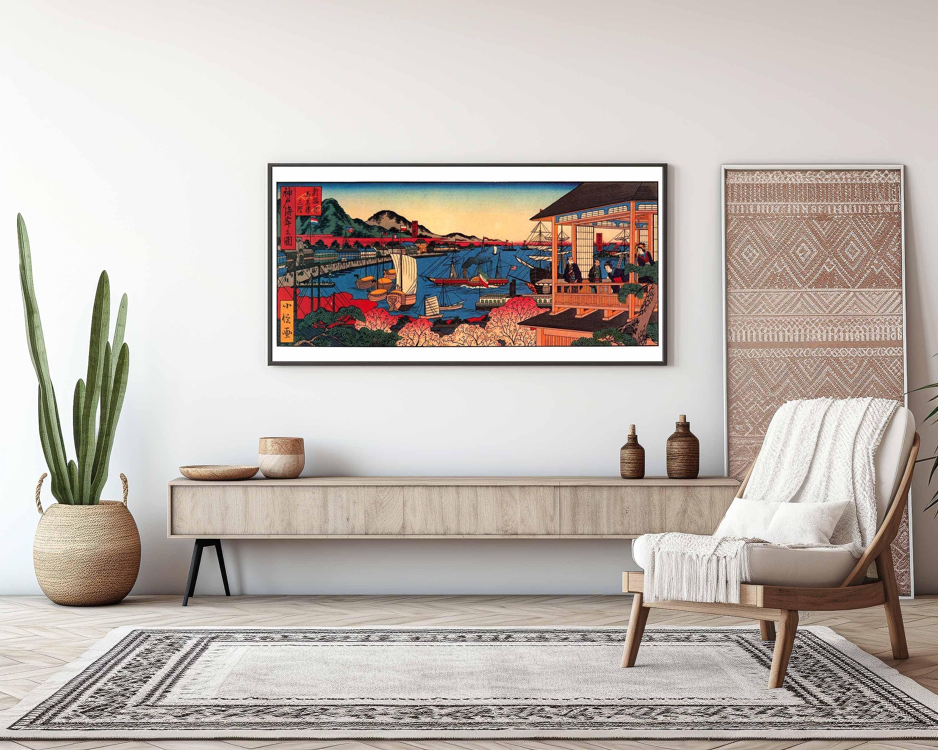 Kobe Coast Japanese Art Print: Vintage Panoramic Seascape (Handframed Option) (2x1)