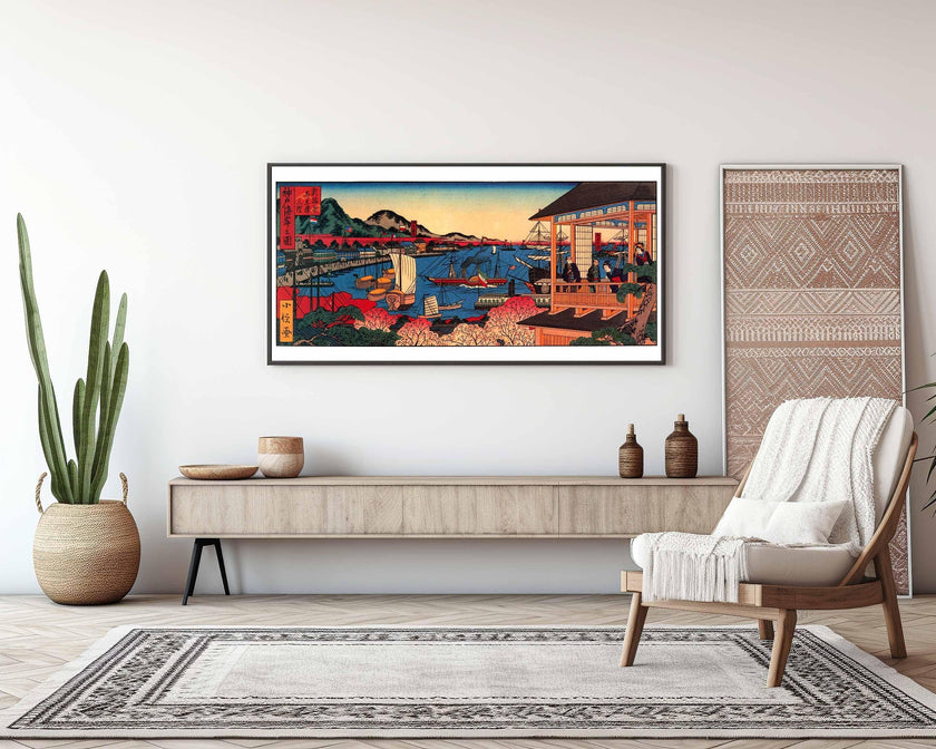Kobe Coast Japanese Art Print: Vintage Panoramic Seascape (Handframed Option) (2x1)