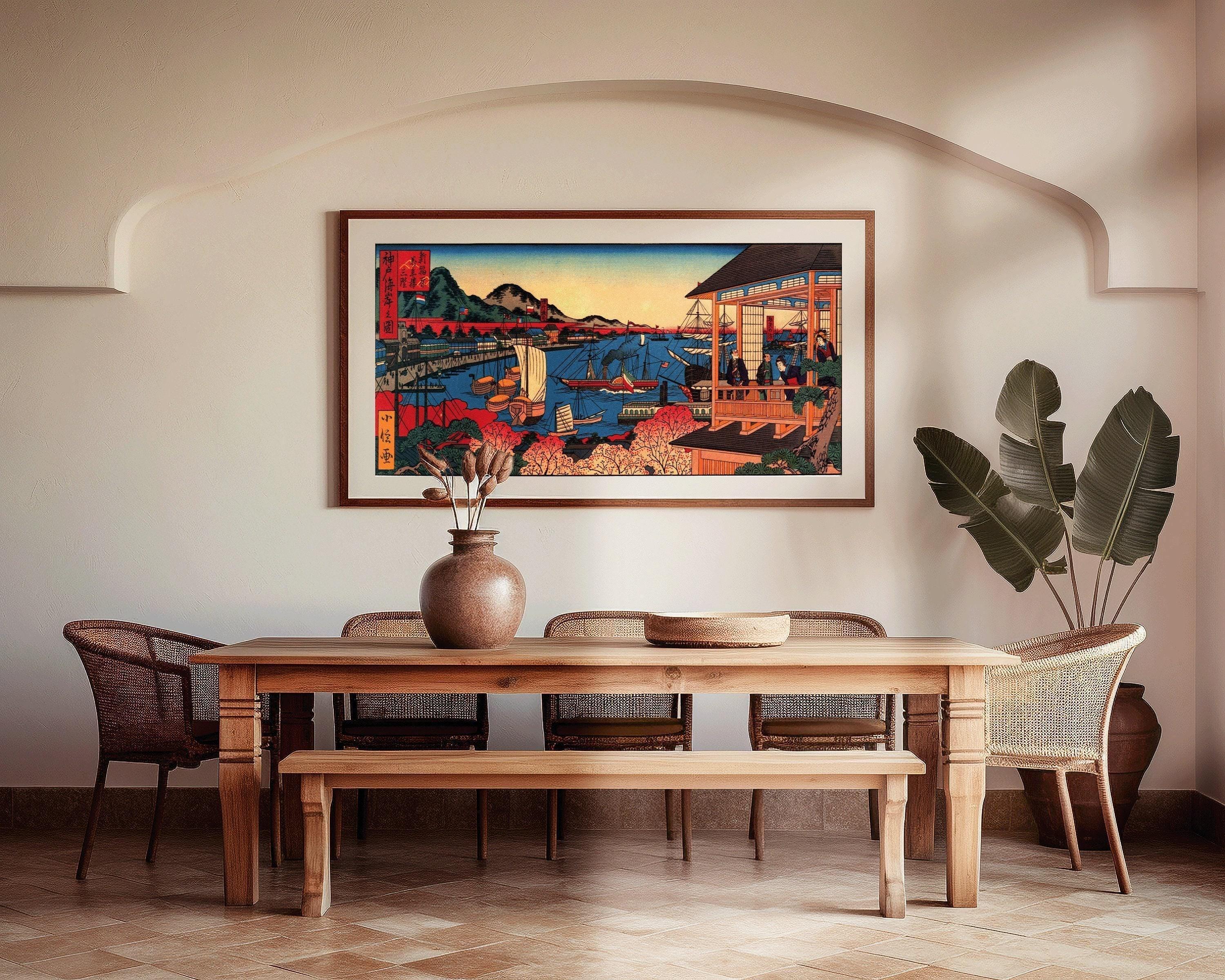 Kobe Coast Japanese Art Print: Vintage Panoramic Seascape (Handframed Option) (2x1)