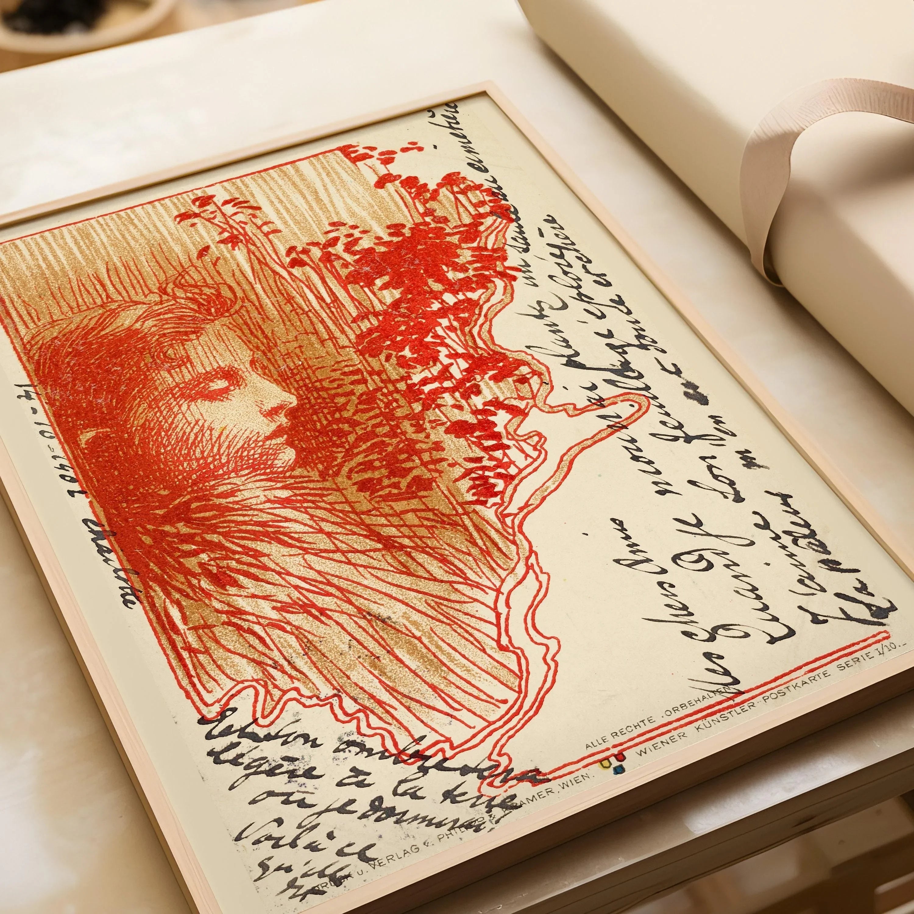 Koloman Moser - Postcard Sketch | Famous Vintage Exhibition Poster in Red (available handframed or unframed)