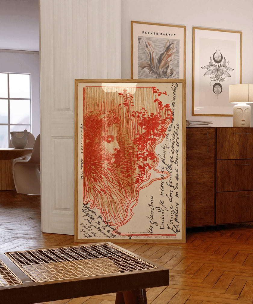 Koloman Moser - Postcard Sketch | Famous Vintage Exhibition Poster in Red (available handframed or unframed)