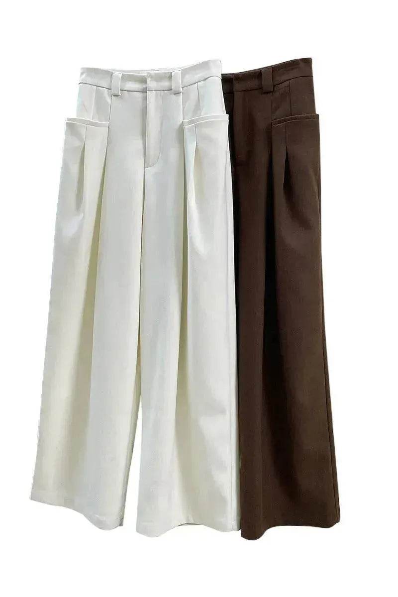 Korean Style Double Pleated Design Loose Casual Trousers Women