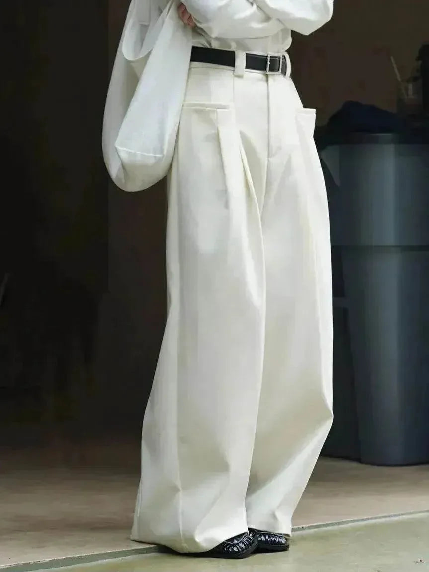 Korean Style Double Pleated Design Loose Casual Trousers Women