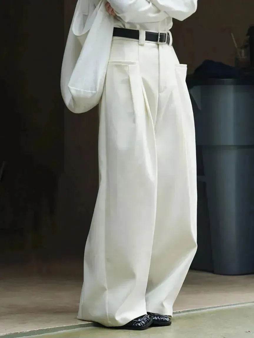 Korean Style Double Pleated Design Loose Casual Trousers Women