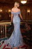 Off the shoulder neckline & linear beaded motif