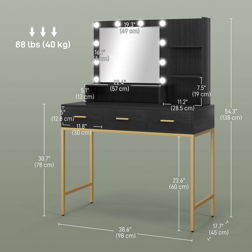 Sophia Illuminated Makeup Table with LED Lights and 3 Drawers-Black
