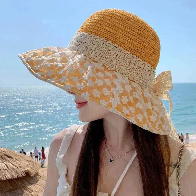 Lace Bow Straw Fisherman Hat Summer Outdoor Sunhat With Large Brim Anti-UV Sunshade And Face Protection Hat