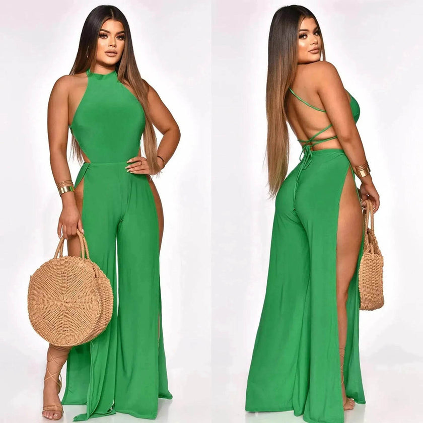 Lace-up Back Jumpsuit Split Leg Casual Trousers Women