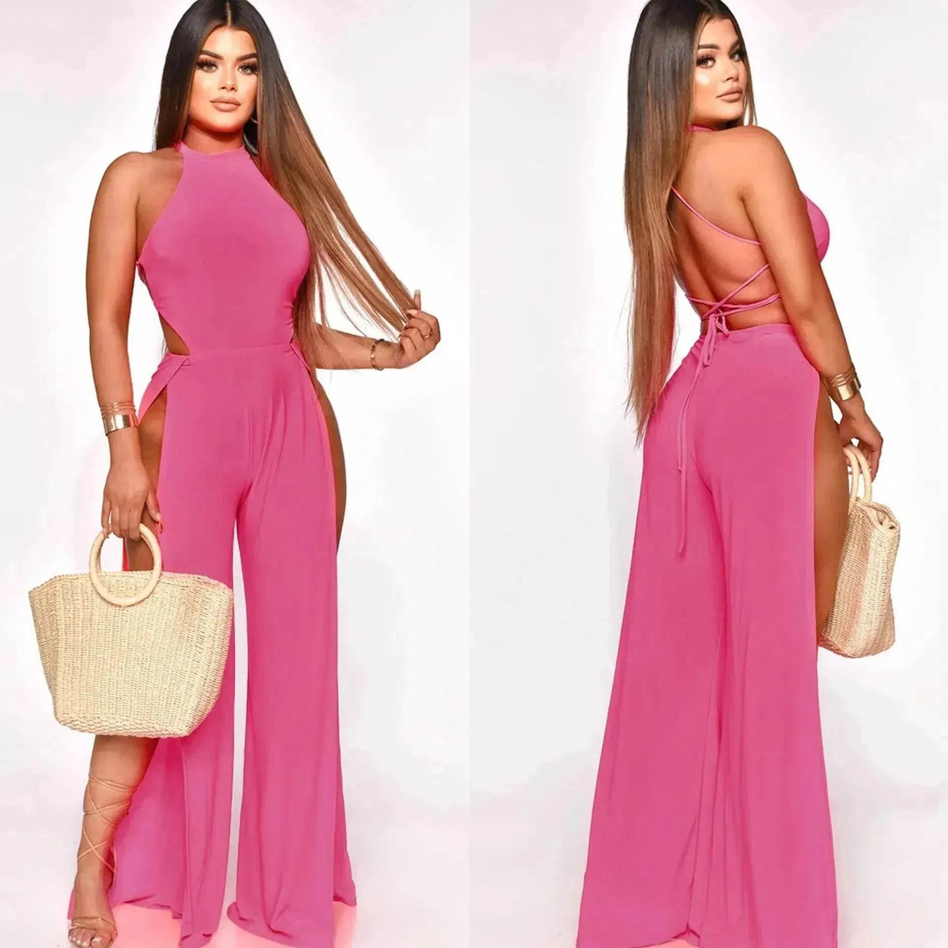 Lace-up Back Jumpsuit Split Leg Casual Trousers Women