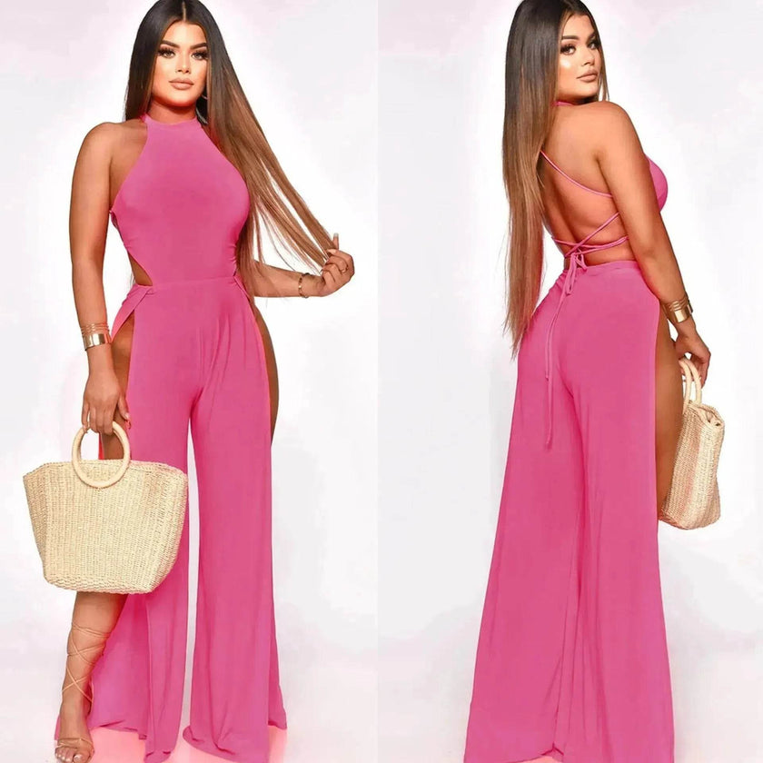 Lace-up Back Jumpsuit Split Leg Casual Trousers Women