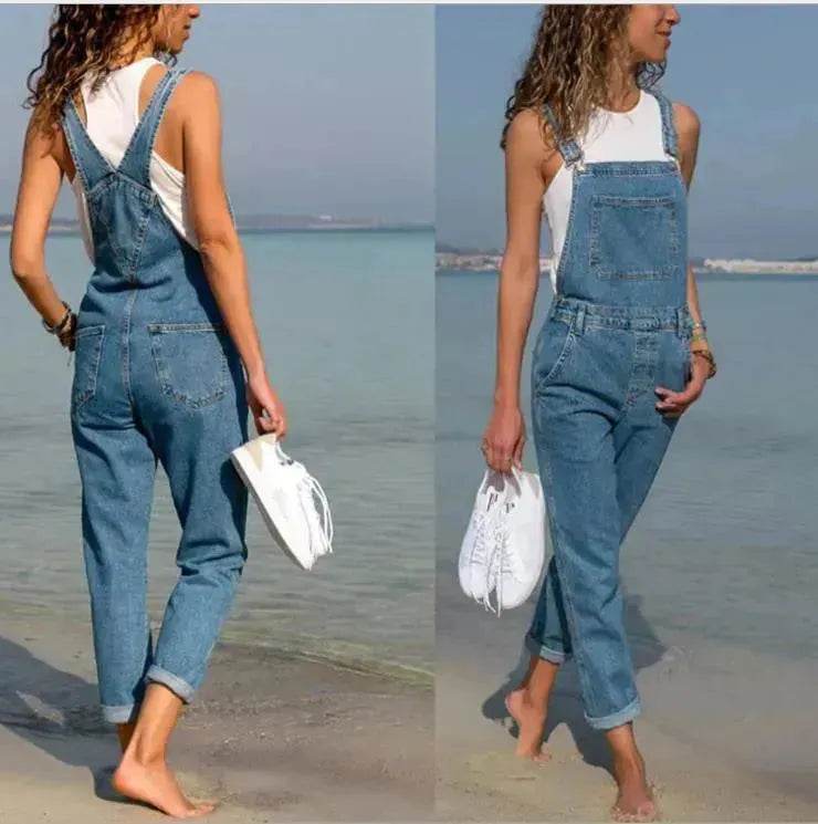 Ladies' Long Blue Denim Jeans Romper Jumpsuit With Straps