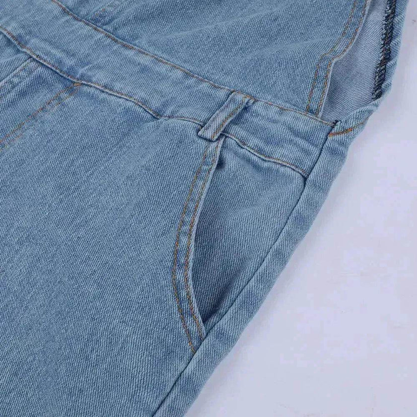 Ladies' Long Blue Denim Jeans Romper Jumpsuit With Straps