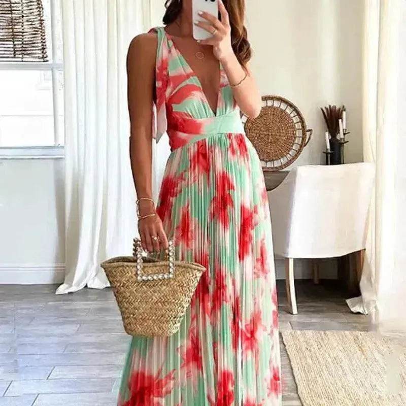 Lady Charming Backless Print Pleated Dress