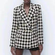 Lapel Long Sleeve Double Breasted Houndstooth Coat Top For Women