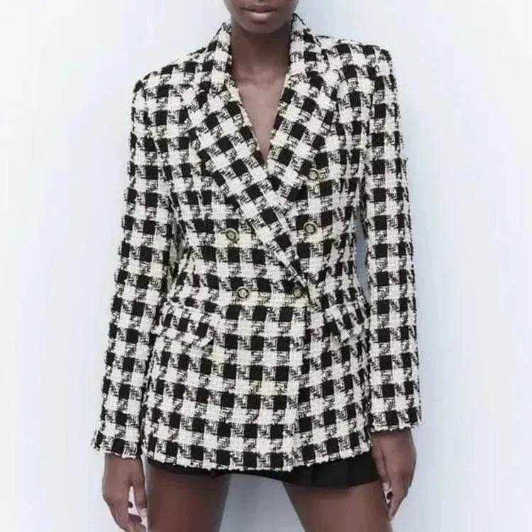 Lapel Long Sleeve Double Breasted Houndstooth Coat Top For Women