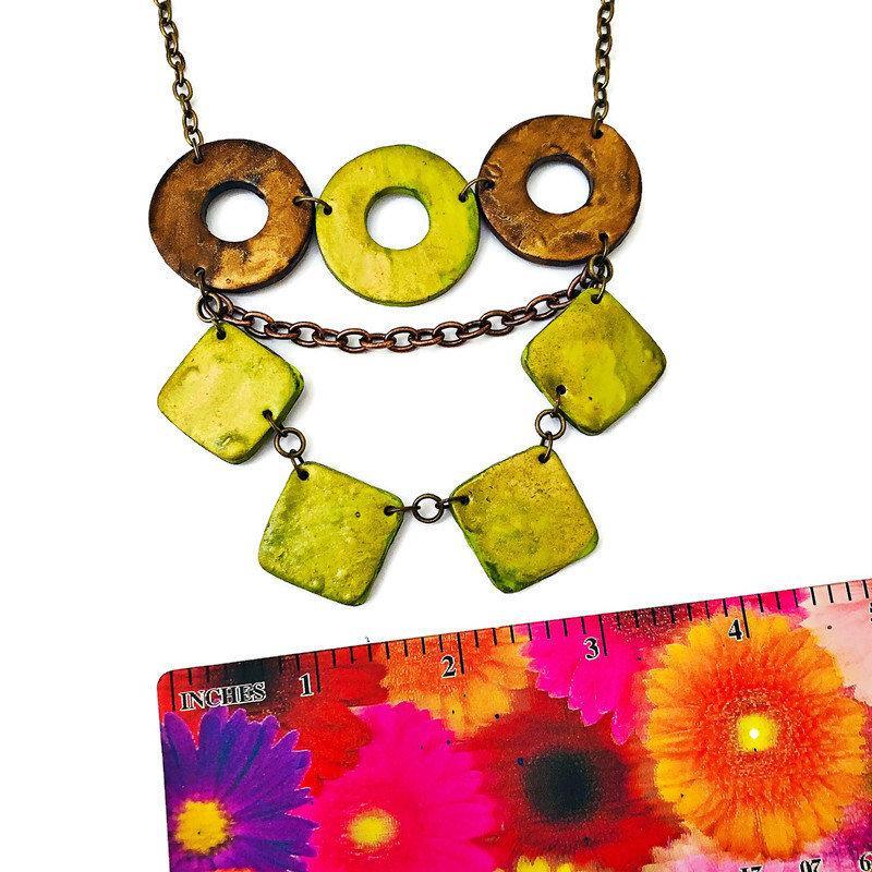 Layered Statement Necklace, Chartreuse Green, Bronze & Gold