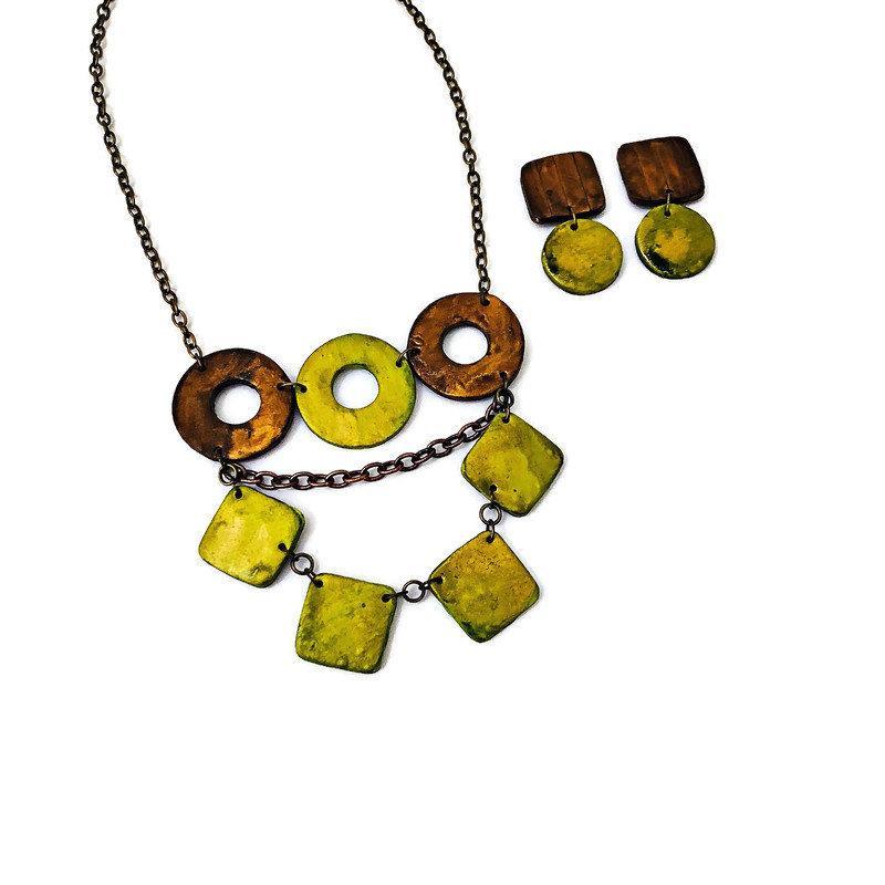 Layered Statement Necklace, Chartreuse Green, Bronze & Gold