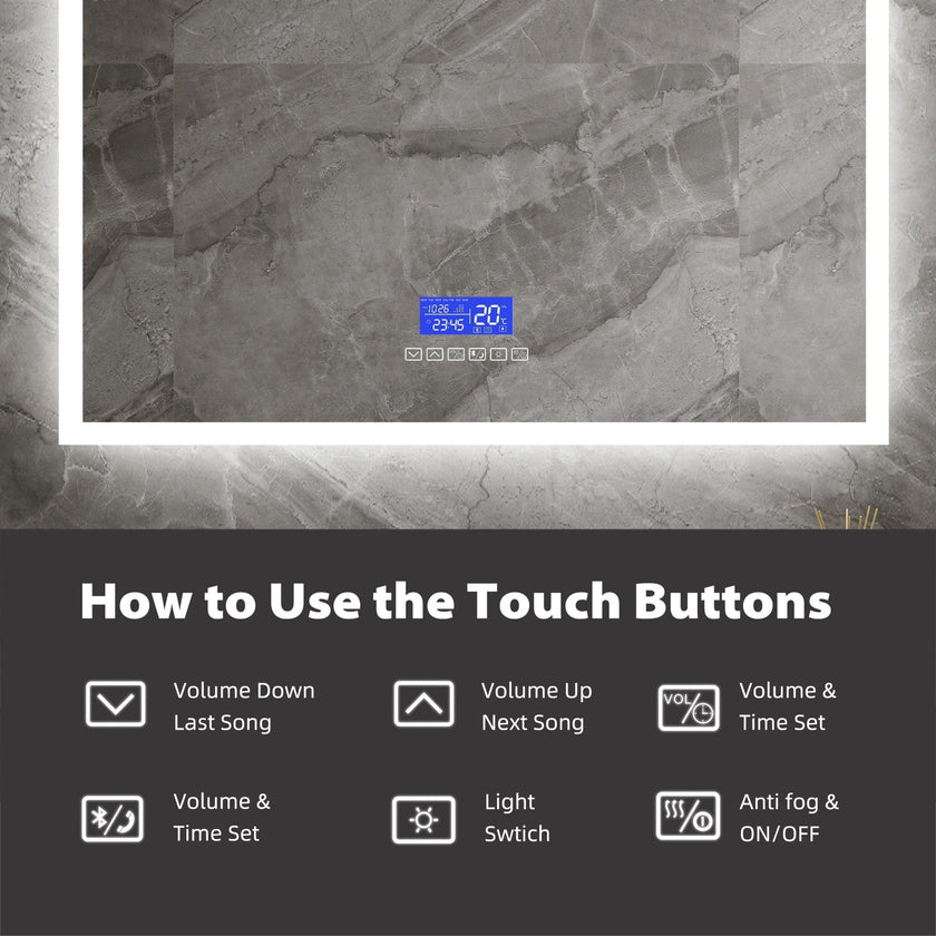 LED Bluetooth Bathroom Mirror with Speaker – Anti-Fog, Dimmable Light, Tempered Glass