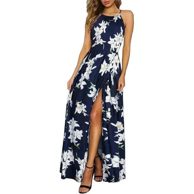 Beach Dress - Leisure Beach Sleeveless Halter Strap Printing Dress