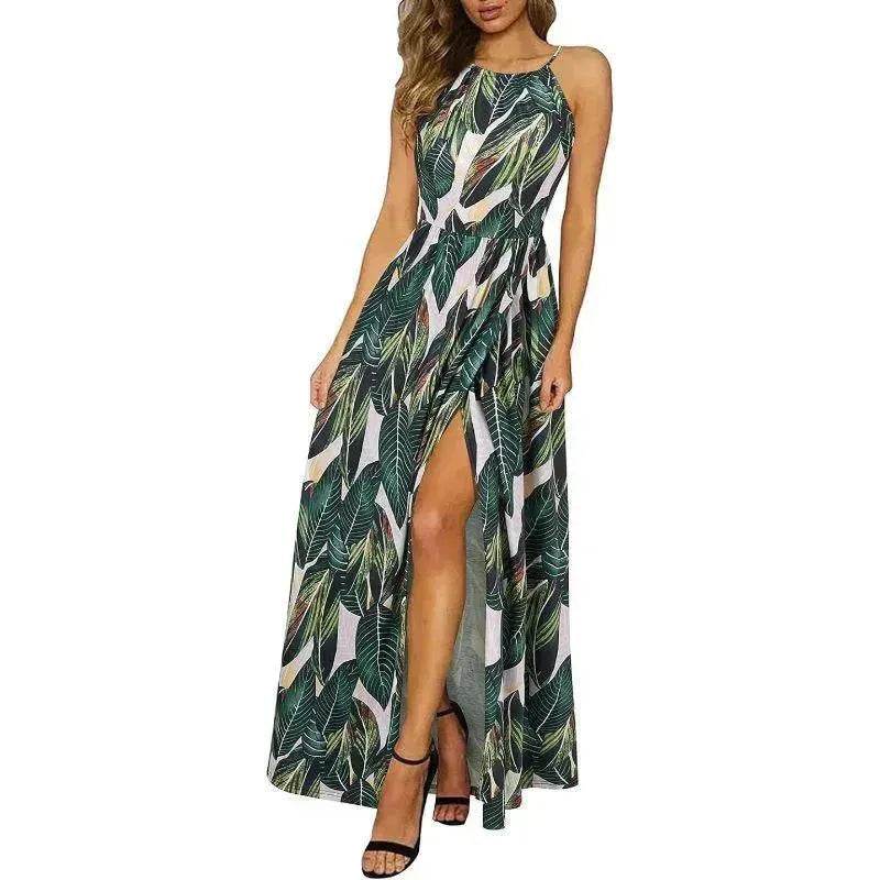 Beach Dress - Leisure Beach Sleeveless Halter Strap Printing Dress