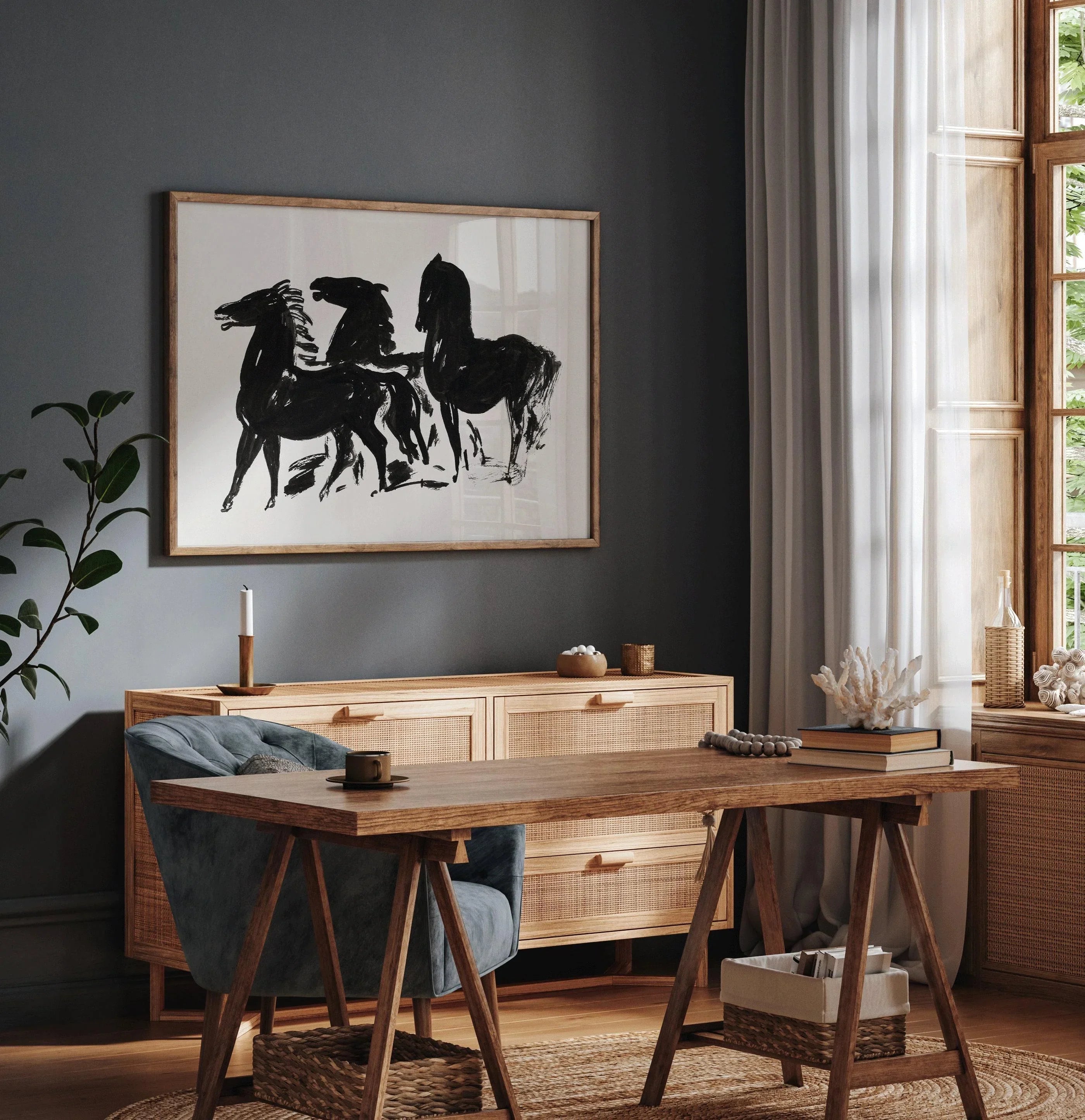 Leo Gestel - Three Black Horses | Vintage Neutral Sketch Art (available handframed or unframed)