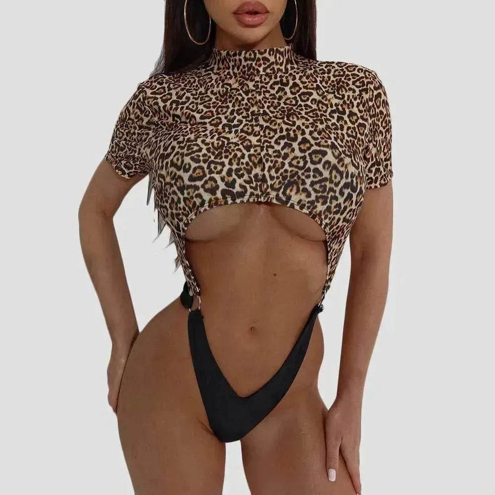 Leopard Print Color Matching Charming Backless Siamese Bikini