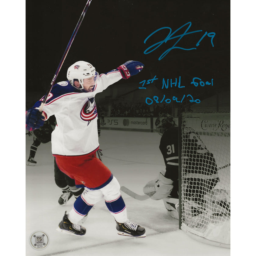 Liam Foudy Autographed Columbus Blue Jackets Goal Celebration Spotlight 8x10 Photo Inscribed 