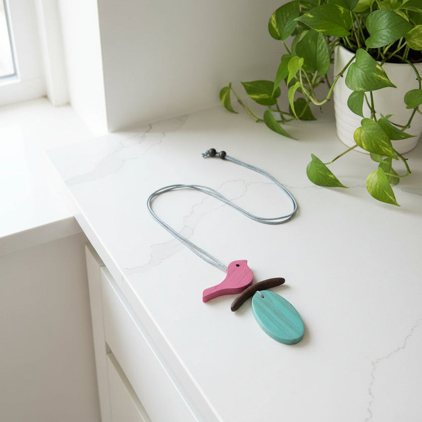 Wooden Bird on Branch Necklace