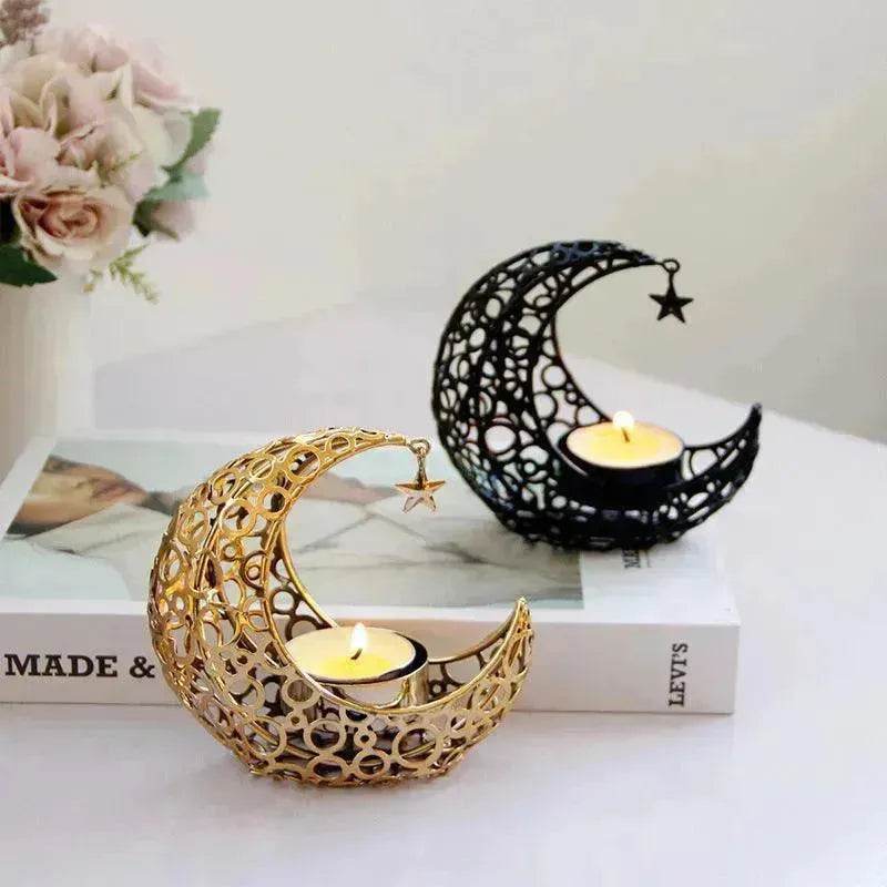 Light Luxury Crescent Moon Star Moon Black Gold Metal Candle Holder Modern Romantic Wedding Christmas Candle Cup Home Decor